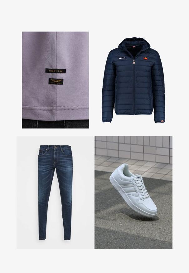 Dunkelblaue Daunenjacke mit Kapuze, Reißverschluss, Kastensteppnähten und Logo-Akzenten auf der Brust und dem Ärmel. Weicher, strukturierter Stoff.; Lavendel Baumwollhemd, das die Stoffstruktur und die Seitenschilder zeigt: eines in Schwarz mit gelber Schrift "TYPE N°: C-46" und das andere mit "AMERICAN CLASSIC."; Dunkelblaue Jeans im Slim Fit mit subtiler Verwaschung, fünf Taschen und einem Metallknopfverschluss. Genähte Akzente in kontrastierender Farbe.; Weiße sportliche Sneaker mit Obermaterial aus glattem Leder, Schnürfront, durchlöchtem Zehenbereich und gemusterter Sohle. Minimalistisches Design mit drei Seitenstreifen.