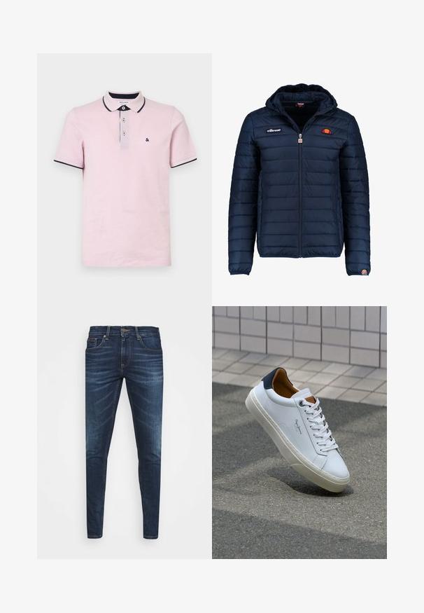 Námornícky modrá prešívaná bunda s kapucňou, zipsom, kanálovým prešívaním a logovými akcentmi na hrudi a rukáve. Mäkkučká, textúrovaná tkanina.; Svetlo ružová polo košeľa vyrobená z bavlny, s trojogbutton placket, golierom a rukávmi s námorníckym lemovaním a malým vyšitým logom.; Tmavomodré džíny s úzkym strihom, jemným opotrebovaním, piatimi vreckami a kovovým zapínaním. Šité akcenty v kontrastnej farbe.; Biele kožené tenisky s námorníckym opätkom, okrúhlou špičkou a kontrastnými hnedými akcentami. Majú ploché šnúrky a textúrovanú gumovú podrážku.
