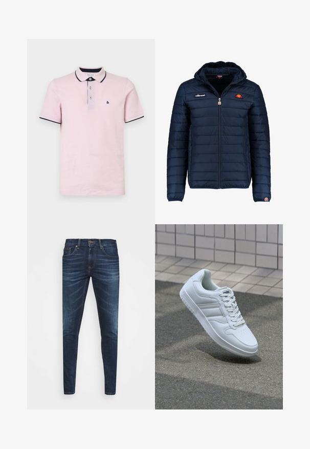 Mörkblå pufferjacka med huva, dragkedjestängning, kanalsömmar och logodetaljer på bröstet och ärmen. Mjuk, texturerad tyg.; Ljusrosa polo t-shirt i bomull, med en treknäppning, marinblå detaljer på kragen och ärmarna, samt en liten broderad logotyp.; Mörkblå denimjeans med smal passform, subtilt blekning, fem fickor och metallknappstängning. Sömnadsdetaljer i kontrasterande färg.; Vit atletisk sneakers med slätt läderöverdel, snörning fram, perforerad tå och mönstrad sula. Minimalistisk design med tre sidostycken.