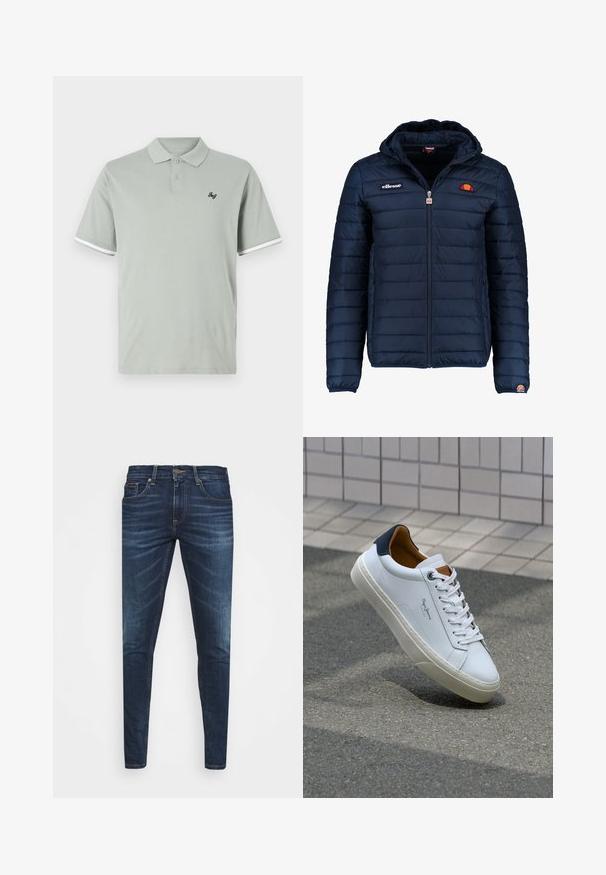 Casaco puffer azul marinho com capuz, fecho de correr, costura em canais e detalhes do logo no peito e na manga. Tecido macio e texturizado.; Polo de cor verde claro em algodão suave, com colarinho clássico, dois botões e detalhes em riscas brancas nas mangas. Pequeno logótipo preto.; Jeans de ganga azul escura com um corte slim, desbotamento suave, cinco bolsos e fecho com botão de metal. Detalhes costurados em cor contrastante.; Sapatilha de couro branco com calcanhar azul marinho, bico redondo e detalhes em castanho contrastantes. Apresenta atacadores planos e sola de borracha texturizada.