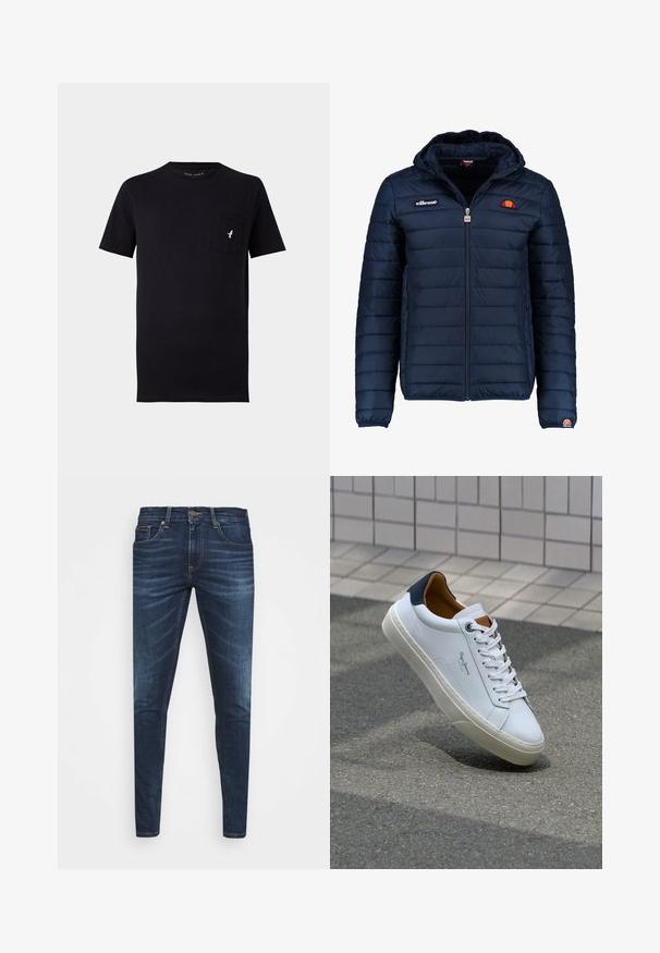 Mørkeblå puffjakke med hætte, lynlåslukning, kanalstyret syning og logo-detaljer på brystet og ærmet. Blødt, struktureret stof.; Sort bomulds t-shirt med kortærmer, rund hals og en forlommer med et lille hvidt fuglelogo. Blød tekstur og enkelt design.; Mørkeblå denim jeans med slim fit, subtil falming, fem lommer og metalknaplukning. Syede detaljer i kontrastfarve.; Hvide lædersneakers med en marineblå hæl, rund tå og kontrasterende brune detaljer. Har flade snørebånd og en tekstureret gummisål.