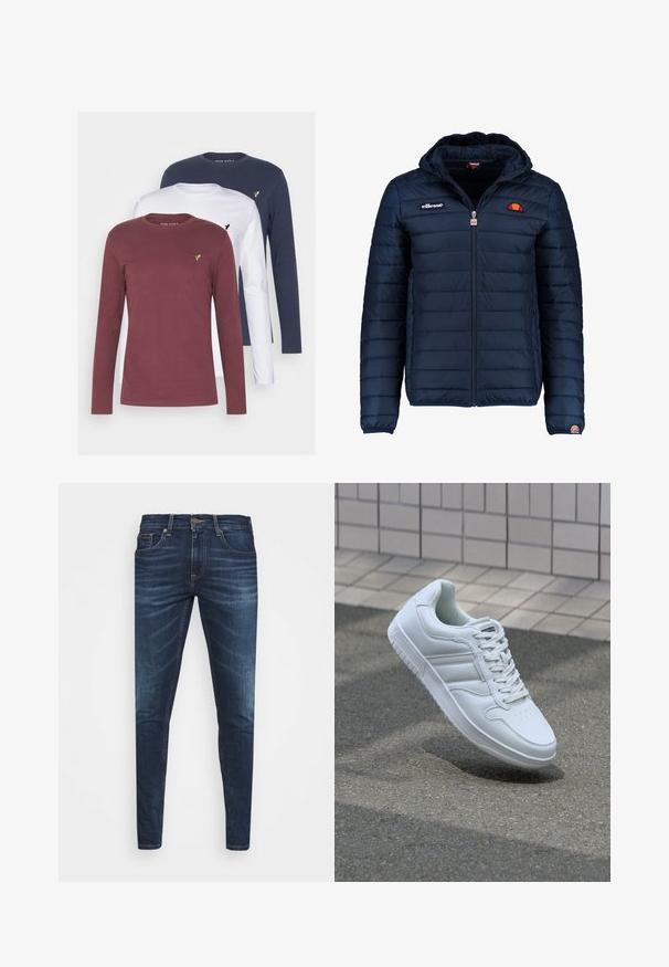 Dunkelblaue Daunenjacke mit Kapuze, Reißverschluss, Kastensteppnähten und Logo-Akzenten auf der Brust und dem Ärmel. Weicher, strukturierter Stoff.; Drei Langarm-T-Shirts in kastanienrot, weiß und marineblau. Jedes Shirt hat einen Rundhalsausschnitt und ein kleines gesticktes Logo auf der Brust.; Dunkelblaue Jeans im Slim Fit mit subtiler Verwaschung, fünf Taschen und einem Metallknopfverschluss. Genähte Akzente in kontrastierender Farbe.; Weiße sportliche Sneaker mit Obermaterial aus glattem Leder, Schnürfront, durchlöchtem Zehenbereich und gemusterter Sohle. Minimalistisches Design mit drei Seitenstreifen.
