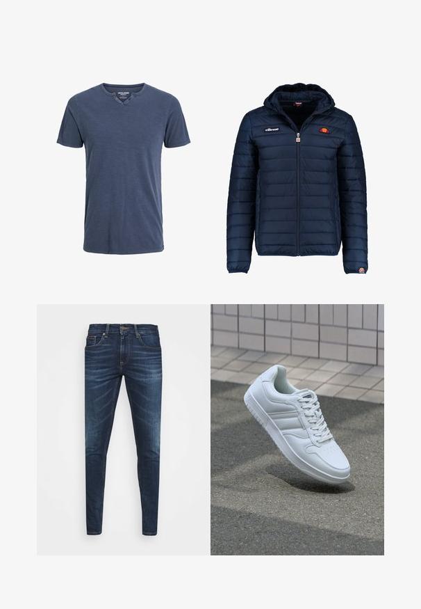 Námořnická modrá péřová bunda s kapucí, zipovým zapínáním, prošívaným vzorem a logem na hrudi a rukávu. Měkká, texturovaná látka.; Námořnická modrá tričko s krátkým rukávem vyrobené z měkké látky, s výstřihem do V a dvěma knoflíkovými akcenty na jedné straně, a uvolněným střihem.; Tmavě modré džíny z denimu s úzkým střihem, jemným vyblednutím, pěti kapsami a kovovým zapínáním na knoflík. Šité akcenty v kontrastní barvě.; Bílé sportovní tenisky s hladkým koženým svrškem, šněrovacím předním dílem, perforovanou špičkou a vzorovanou podrážkou. Minimalistický design se třemi bočními pruhy.
