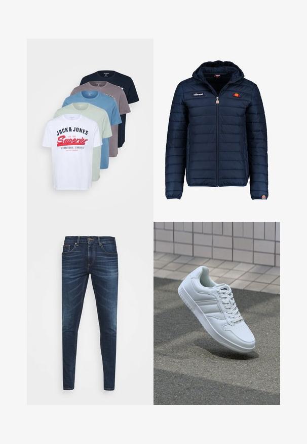 Tumedat sinised puffer jakk kapuutsiga, lukuga suletav, kanalite õmblustega ning logo aktsentidega rinnal ja varrukal. Pehme, tekstuuriga kangas.; Viis t-särki reas üksteise peal. Värvid: valge, helesinine, sinine, hall ja tume sinine. Valgel särgil on tekst. Ümara kaelusega, lühikeste varrukatega.; Tumedat sinised teksad kitsas lõikes, kerge kulumisega, viie taskuga ja metallnööbiga sulgemine. Õmmeldud aktsendid kontrastsetes värvides.; Valge spordijalanõud silederja nahkvarrega, ninast paeltega, perforatsiooni tõttu ventilatsiooniga ning mustrilise tallaga. Minimalistlik disain, millel on kolm külgmist triipu.