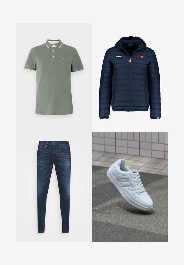 Marineblå puffjakke med hette, glidelås, kanalsøm og logoaksenter på brystet og ermet. Mykt, teksturert stoff.; Mørkegrønn polo skjorte laget av teksturert stoff, med en kremfarget krage og kantene på ermene, samt en liten logo på brystet.; Mørkeblå denimjeans med smal passform, subtil falming, fem lommer og metallknaplukking. Sømmer i kontrastfarge.; Hvit atletisk sneaker med glatt skinnoverside, snøring foran, perforert tå og mønstrets såle. Minimalistisk design med tre side-striper.