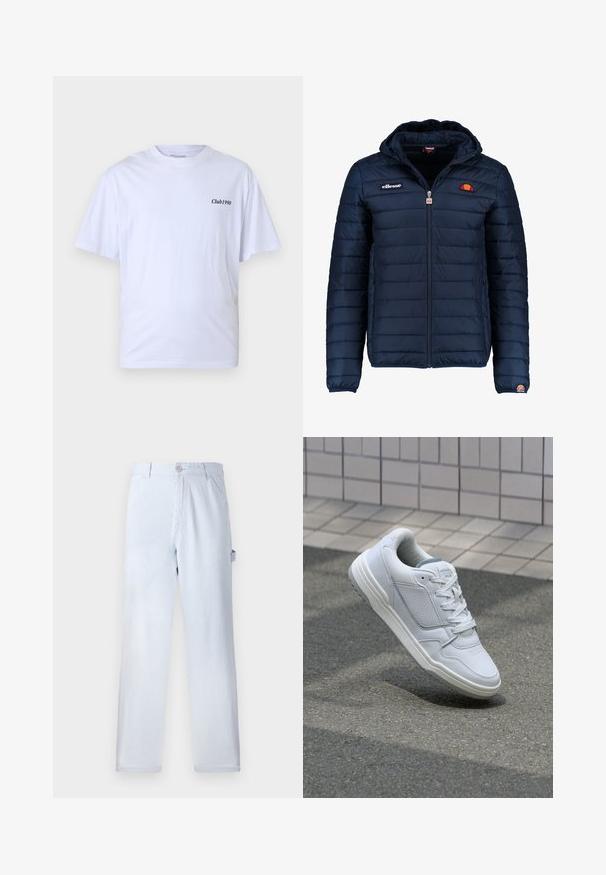 Granatowa kurtka puchowa z kapturem, zapinana na zamek, z przeszyciami w kształcie kanałów oraz akcentami loga na piersi i rękawie. Miękka, teksturowana tkanina.; Biała bawełniana koszulka z krótkim rękawem, okrągłym dekoltem i napisem "Club1990" wydrukowanym na czarno po lewej stronie klatki piersiowej. Casualowy krój.; Jasnoniebieskie spodnie w paski, wykonane z bawełny. Prosty krój nogawki, z zapięciem na guzik z przodu i kieszeniami bocznymi. Miękka tekstura.; Białe skórzane trampki z perforowanymi bokami, teksturowanymi akcentami, płaskimi sznurowadłami i kontrastującym szarym obcasem. Posiadają lekko podniesioną podeszwę.