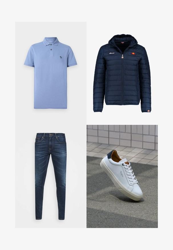 Giubbotto imbottito blu navy con cappuccio, chiusura con zip, cuciture a canale e dettagli con logo sul petto e sulla manica. Tessuto morbido e testurizzato.; Polo shirt azzurro chiaro realizzato in tessuto testurizzato, con colletto classico, patta con due bottoni e piccolo logo ricamato sul petto.; Jeans in denim blu scuro con vestibilità slim, leggero sbiadito, cinque tasche e chiusura con bottone in metallo. Dettagli cuciti in un colore a contrasto.; Sneaker bianca in pelle con tallone blu, punta rotonda e accenti marroni a contrasto. Presenta lacci piatti e suola in gomma testurizzata.