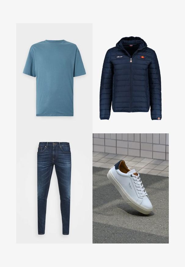 Jachetă puffer de culoare bleumarin, cu glugă, închidere cu fermoar, cusături în canale și detalii cu logo pe piept și pe mânecă. Material moale, texturat.; Tricou bleu deschis cu mânecă scurtă, confecționat dintr-un material moale. Dispune de un gât rotund și o croială lejeră, fără modele sau detalii decorative.; Jeans din denim de culoare albastră închisă, cu o croială slim, ușor decolorate, cinci buzunare și închidere cu buton metalic. Detalii cusute în culori contrastante.; Adidași din piele albă cu călcâi bleumarin, vârf rotund și accente contrastante de culoare maro. Dispun de șireturi plate și talpă din cauciuc texturat.