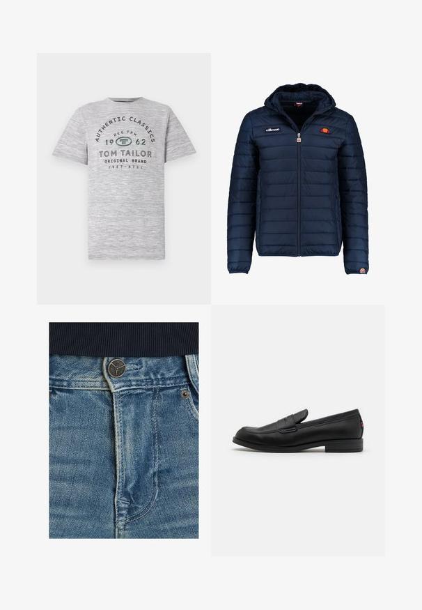 Chaqueta acolchada azul marino con capucha, cierre de cremallera, costuras en canales y acentos de logo en el pecho y la manga. Tejido suave y texturizado.; Camiseta de manga corta en gris brezo con el texto "Authentic Classics 1962" y "Tom Tailor" impresos en una combinación de verde oscuro y negro.; Vaqueros de denim con un lavado azul claro, costuras blancas en contraste y un cierre de botón metálico en la cintura. Vista en primer plano de la textura de la tela.; Mocasines de cuero negro con un acabado suave, punta redondeada y una pequeña solapa decorativa. Presentan un tacón bajo y apilado, así como un detalle sutil de marca.