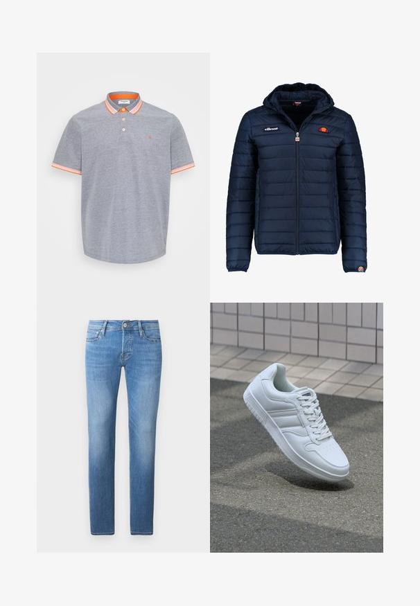 Tummansininen puhvitakki, jossa on huppu, vetoketjukiinnitys, kanavapistoilu ja logoteemaiset yksityiskohdat rinnassa ja hihassa. Pehmeä, teksturoitu kangas.; Hihaton harmaa poolopaita, joka on valmistettu puuvillasta ja jossa on tekstuuri. Kauluksessa ja hihoissa oranssit yksityiskohdat. Kolme nappia edessä.; Vaaleansiniset farkut suoranlahkeisella leikkauksella, joissa on nappi- ja vetoketjukiinnitys, viisi taskua ja lievää kulutusta.; Valkoiset urheilukengät, joissa on sileä nahkapinta, nauhakiinnitys edessä, rei'itetty kärki ja kuvioitu pohja. Minimalistinen muotoilu, jossa on kolme sivuraitaa.