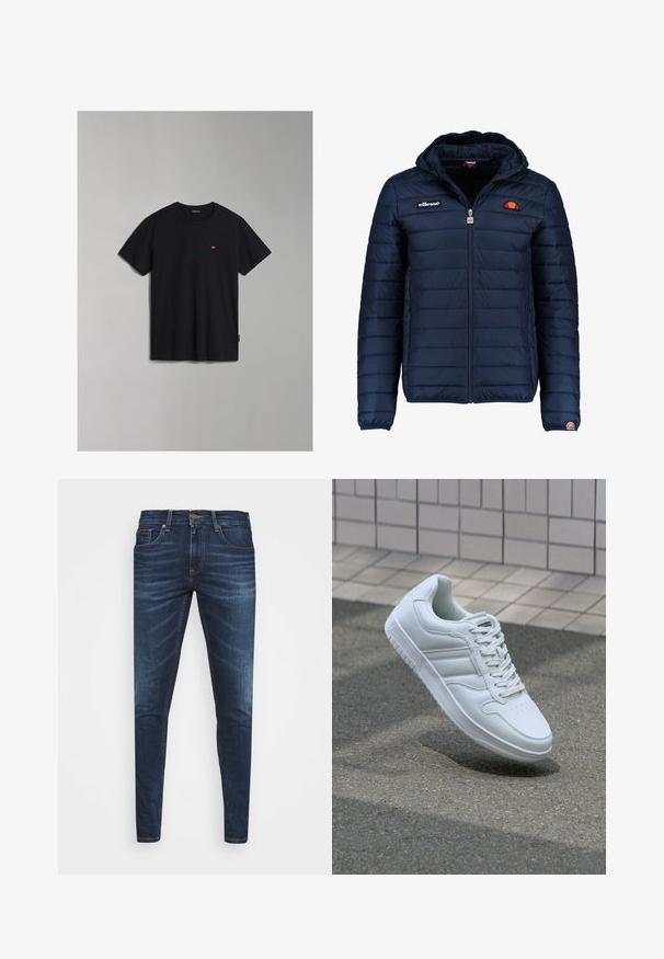 Casaco puffer azul marinho com capuz, fecho de correr, costura em canais e detalhes do logo no peito e na manga. Tecido macio e texturizado.; T-shirt de algodão preto com decote redondo e mangas curtas. Apresenta um pequeno detalhe de logo no peito e um rótulo lateral. Textura suave.; Jeans de ganga azul escura com um corte slim, desbotamento suave, cinco bolsos e fecho com botão de metal. Detalhes costurados em cor contrastante.; Sapatilha desportiva branca com parte superior em couro liso, frente com atacadores, bico perfurado e sola padronizada. Design minimalista com três riscas laterais.