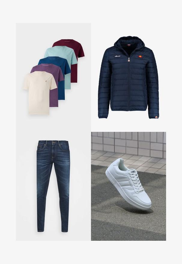 Tums zilā puffer jaka ar kapuci, rāvējslēdzēja aizdare, kanālu šuvēm un logotipa akcentiem uz krūtīm un piedurknēm. Mīksta, teksturēta auduma.; Pieci apļa kakla T-krekli dažādās krāsās: bēšā, purpursarkanā, zaļā, zilā un burgundijas krāsā. Katram ir mazs logo kreisajā krūšu pusē. Kokvilnas audums.; Tumši zili džinsi ar šauru piegriezumu, ar vieglu izbalēšanu, piecām kabatām un metalizētu pogu aizdari. Šuvju akcenti kontrastējošā krāsā.; Balti sporta apavi ar gludu ādas virsu, sasienamais priekšpuse, perforēts purngals un rakstaina zole. Minimālisma dizains ar trim sānu svītrām.