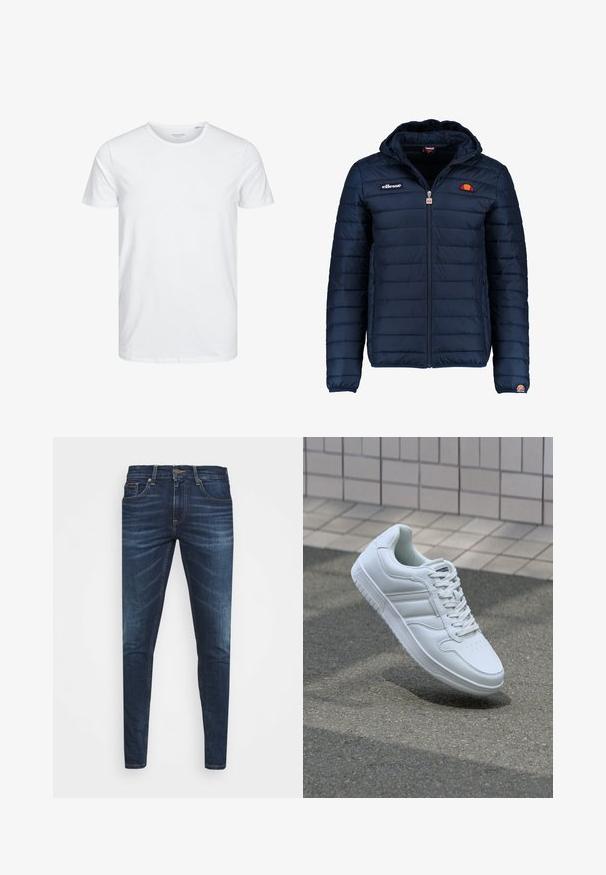 Navy blue puffer jacket with a hood, zip closure, channel stitching, and logo accents on the chest and sleeve. Soft, textured fabric.; Round-neck short-sleeve t-shirt in solid white, made of soft cotton, features a simple design with no visible patterns or accents.; Dark blue denim jeans with a slim fit, subtle fade, five pockets, and a metal button closure. Stitched accents in contrasting color.; White athletic sneaker with smooth leather upper, lace-up front, perforated toe, and patterned sole. Minimalist design with three side stripes.