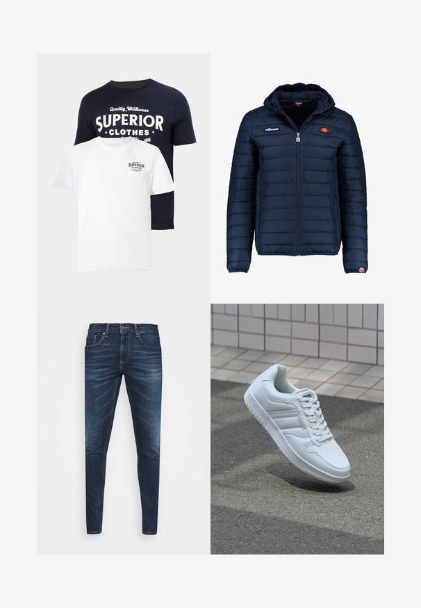 Marineblå puffjakke med hette, glidelås, kanalsøm og logoaksenter på brystet og ermet. Mykt, teksturert stoff.; To t-skjorter: en marineblå med hvit grafisk tekst "SUPERIOR CLOTHES," og en hvit med en mindre marineblå logo. Begge er i bomull og har rund hals.; Mørkeblå denimjeans med smal passform, subtil falming, fem lommer og metallknaplukking. Sømmer i kontrastfarge.; Hvit atletisk sneaker med glatt skinnoverside, snøring foran, perforert tå og mønstrets såle. Minimalistisk design med tre side-striper.