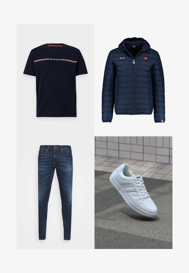 Tums zilā puffer jaka ar kapuci, rāvējslēdzēja aizdare, kanālu šuvēm un logotipa akcentiem uz krūtīm un piedurknēm. Mīksta, teksturēta auduma.; Jūras zilas kokvilnas T-krekls ar īsām piedurknēm, apaļu kakla izgriezumu, ar baltu un sarkanu horizontālu svītru detaļu un "TOM TAILOR" logotipu.; Tumši zili džinsi ar šauru piegriezumu, ar vieglu izbalēšanu, piecām kabatām un metalizētu pogu aizdari. Šuvju akcenti kontrastējošā krāsā.; Balti sporta apavi ar gludu ādas virsu, sasienamais priekšpuse, perforēts purngals un rakstaina zole. Minimālisma dizains ar trim sānu svītrām.