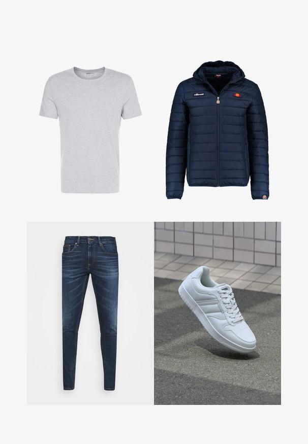 Granatowa kurtka puchowa z kapturem, zapinana na zamek, z przeszyciami w kształcie kanałów oraz akcentami loga na piersi i rękawie. Miękka, teksturowana tkanina.; Szara bawełniana koszulka z okrągłym dekoltem, krótkimi rękawami i gładkim wzorem, charakteryzująca się miękką, gładką fakturą oraz brakiem widocznych wzorów czy ozdób.; Granatowe dżinsy o slim fit, delikatnym wyblaknięciu, pięciu kieszeniach i metalowym zapięciem. Haftowane akcenty w kontrastowym kolorze.; Białe sportowe trampki z gładkiej skóry, z zapięciem na sznurowadła, perforowanym noskiem i wzorzystą podeszwą. Minimalistyczny design z trzema paskami po bokach.