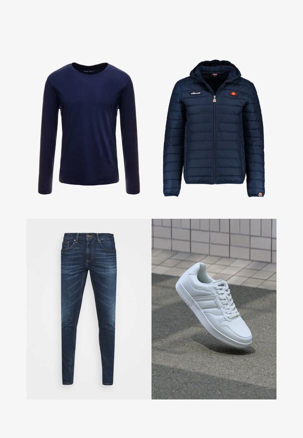 Navy blue puffer jacket with a hood, zip closure, channel stitching, and logo accents on the chest and sleeve. Soft, textured fabric.; Navy long-sleeve T-shirt made of soft cotton, featuring a classic crew neck and a smooth texture with no visible patterns or accents.; Dark blue denim jeans with a slim fit, subtle fade, five pockets, and a metal button closure. Stitched accents in contrasting color.; White athletic sneaker with smooth leather upper, lace-up front, perforated toe, and patterned sole. Minimalist design with three side stripes.