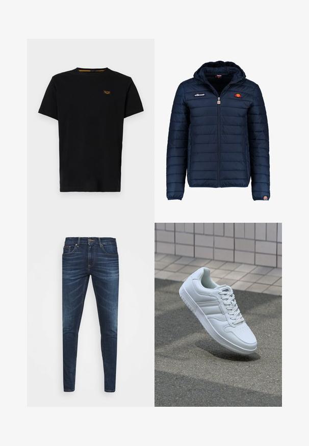 Granatowa kurtka puchowa z kapturem, zapinana na zamek, z przeszyciami w kształcie kanałów oraz akcentami loga na piersi i rękawie. Miękka, teksturowana tkanina.; Czarna bawełniana koszulka z krótkim rękawem, okrągłym dekoltem i małą naszywką z logo w kontrastującym żółtym kolorze na lewej piersi.; Granatowe dżinsy o slim fit, delikatnym wyblaknięciu, pięciu kieszeniach i metalowym zapięciem. Haftowane akcenty w kontrastowym kolorze.; Białe sportowe trampki z gładkiej skóry, z zapięciem na sznurowadła, perforowanym noskiem i wzorzystą podeszwą. Minimalistyczny design z trzema paskami po bokach.