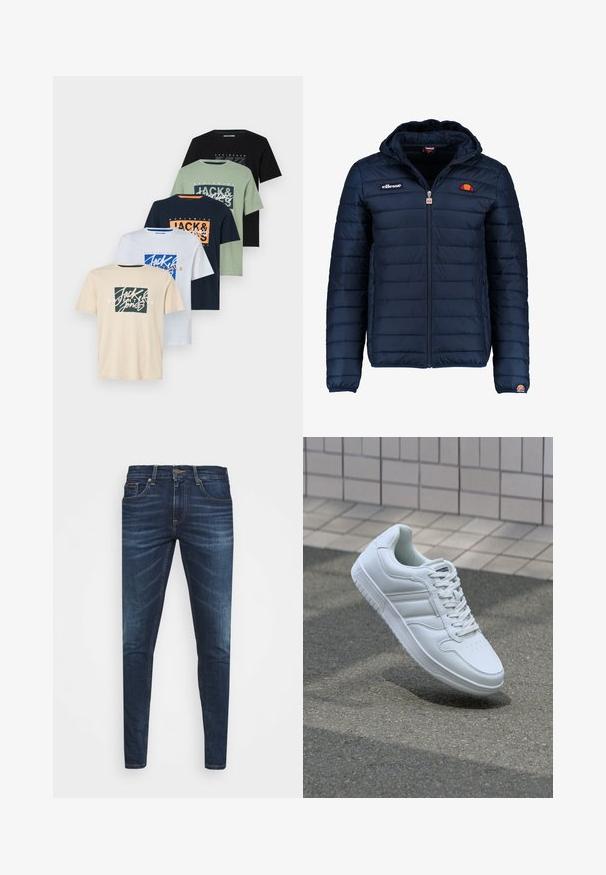 Casaco puffer azul marinho com capuz, fecho de correr, costura em canais e detalhes do logo no peito e na manga. Tecido macio e texturizado.; Cinco t-shirts de manga curta em várias cores: begé, branco, verde, azul marinho e preto. Cada uma apresenta um design gráfico com texto e logotipos.; Jeans de ganga azul escura com um corte slim, desbotamento suave, cinco bolsos e fecho com botão de metal. Detalhes costurados em cor contrastante.; Sapatilha desportiva branca com parte superior em couro liso, frente com atacadores, bico perfurado e sola padronizada. Design minimalista com três riscas laterais.