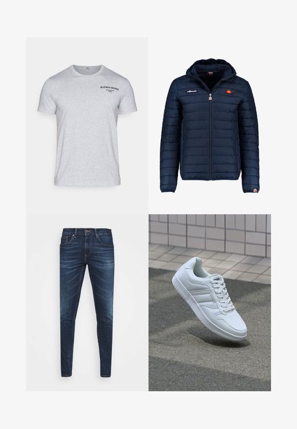 Jachetă puffer de culoare bleumarin, cu glugă, închidere cu fermoar, cusături în canale și detalii cu logo pe piept și pe mânecă. Material moale, texturat.; Tricou din bumbac gri deschis, cu mâneci scurte și decolteu rotund. Logo negru imprimat în zona superior stângă a pieptului.; Jeans din denim de culoare albastră închisă, cu o croială slim, ușor decolorate, cinci buzunare și închidere cu buton metalic. Detalii cusute în culori contrastante.; Adidași albi pentru sport cu superior din piele netedă, sistem de șireturi în față, vârf perforat și talpă cu model. Design minimalist cu trei dungi laterale.