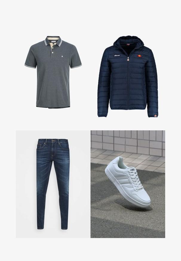 Marineblå puffjakke med hette, glidelås, kanalsøm og logoaksenter på brystet og ermet. Mykt, teksturert stoff.; Menns polo skjorte i mørkegrå med teksturert vev. Har en kremfarget krage med marineblå striper og tre-knappslukking. Liten logo på brystet.; Mørkeblå denimjeans med smal passform, subtil falming, fem lommer og metallknaplukking. Sømmer i kontrastfarge.; Hvit atletisk sneaker med glatt skinnoverside, snøring foran, perforert tå og mønstrets såle. Minimalistisk design med tre side-striper.