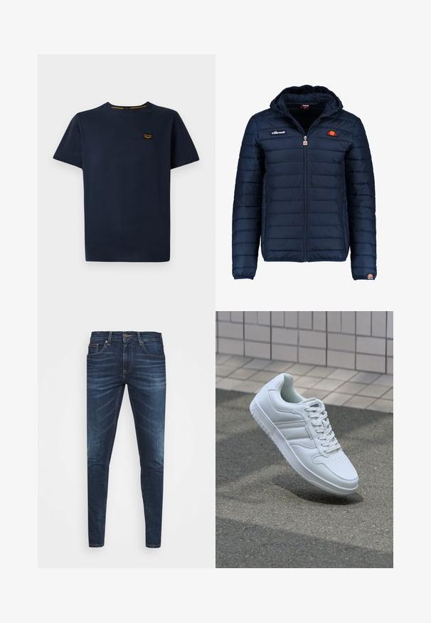 Námornícky modrá prešívaná bunda s kapucňou, zipsom, kanálovým prešívaním a logovými akcentmi na hrudi a rukáve. Mäkkučká, textúrovaná tkanina.; Námorníckomodrá bavlnená tričko s krátkymi rukávmi, okrúhlym výstrihom a malou značkovou nášivkou na hornej ľavej strane.; Tmavomodré džíny s úzkym strihom, jemným opotrebovaním, piatimi vreckami a kovovým zapínaním. Šité akcenty v kontrastnej farbe.; Biele atletické tenisky s hladkým koženým zvrškom, šnurovaním vpredu, perforovanou špičkou a vzorovanou podrážkou. Minimalistický dizajn s tromi bočnými pruhmi.