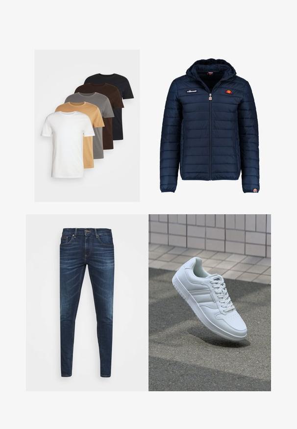 Marineblå puffjakke med hette, glidelås, kanalsøm og logoaksenter på brystet og ermet. Mykt, teksturert stoff.; Fem crew neck t-skjorter i hvit, beige, grå, brun og svart. Kort erm, standard passform, laget av myk bomull.; Mørkeblå denimjeans med smal passform, subtil falming, fem lommer og metallknaplukking. Sømmer i kontrastfarge.; Hvit atletisk sneaker med glatt skinnoverside, snøring foran, perforert tå og mønstrets såle. Minimalistisk design med tre side-striper.
