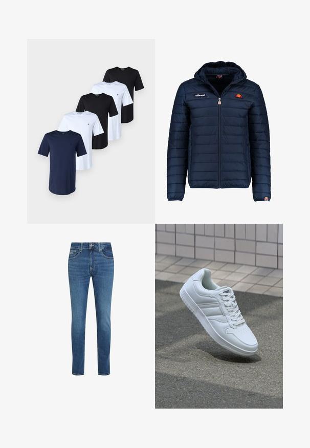 Tums zilā puffer jaka ar kapuci, rāvējslēdzēja aizdare, kanālu šuvēm un logotipa akcentiem uz krūtīm un piedurknēm. Mīksta, teksturēta auduma.; Pieci T-krekli, kas izgatavoti no tumši zila, melna un balta kokvilnas. Katram ir apaļa kakla izgriezums un īsas piedurknes. Uz katra krūtīm ir neliels logo kreisajā pusē.; Zili, pieguļoši džinsi no denima, zilā krāsā, ar piecām kabatām, jostu cilpām un pogu ar rāvējslēdzēju.; Balti sporta apavi ar gludu ādas virsu, sasienamais priekšpuse, perforēts purngals un rakstaina zole. Minimālisma dizains ar trim sānu svītrām.