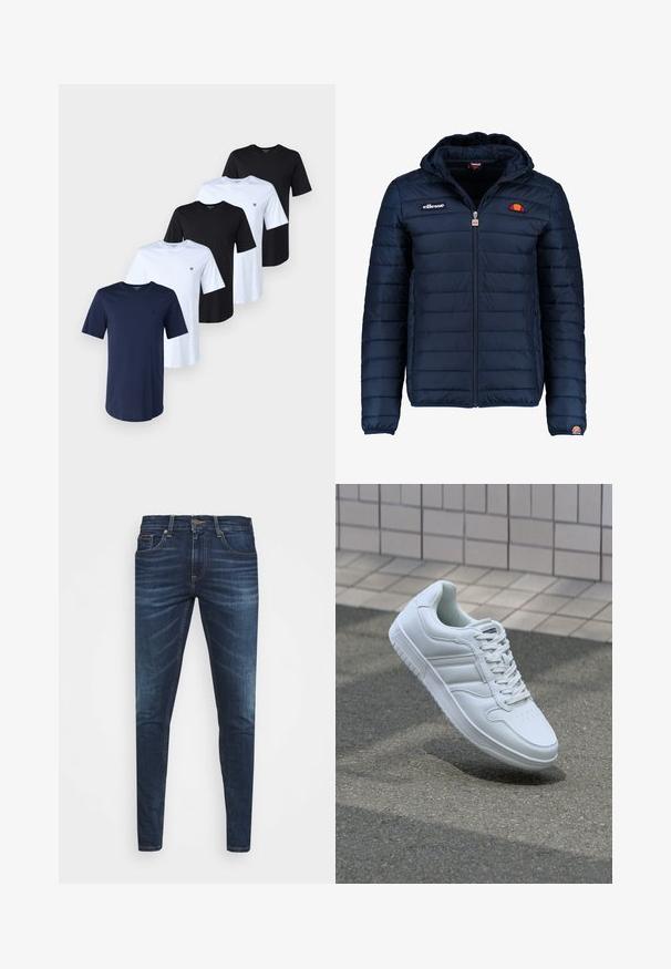 Tumedat sinised puffer jakk kapuutsiga, lukuga suletav, kanalite õmblustega ning logo aktsentidega rinnal ja varrukal. Pehme, tekstuuriga kangas.; Viis t-särki tumesinisest, mustast ja valgest puuvillast. Igal särgil on ümar kaelus ja lühikesed varrukad. Iga särgi vasakul rinnal on väike logo.; Tumedat sinised teksad kitsas lõikes, kerge kulumisega, viie taskuga ja metallnööbiga sulgemine. Õmmeldud aktsendid kontrastsetes värvides.; Valge spordijalanõud silederja nahkvarrega, ninast paeltega, perforatsiooni tõttu ventilatsiooniga ning mustrilise tallaga. Minimalistlik disain, millel on kolm külgmist triipu.