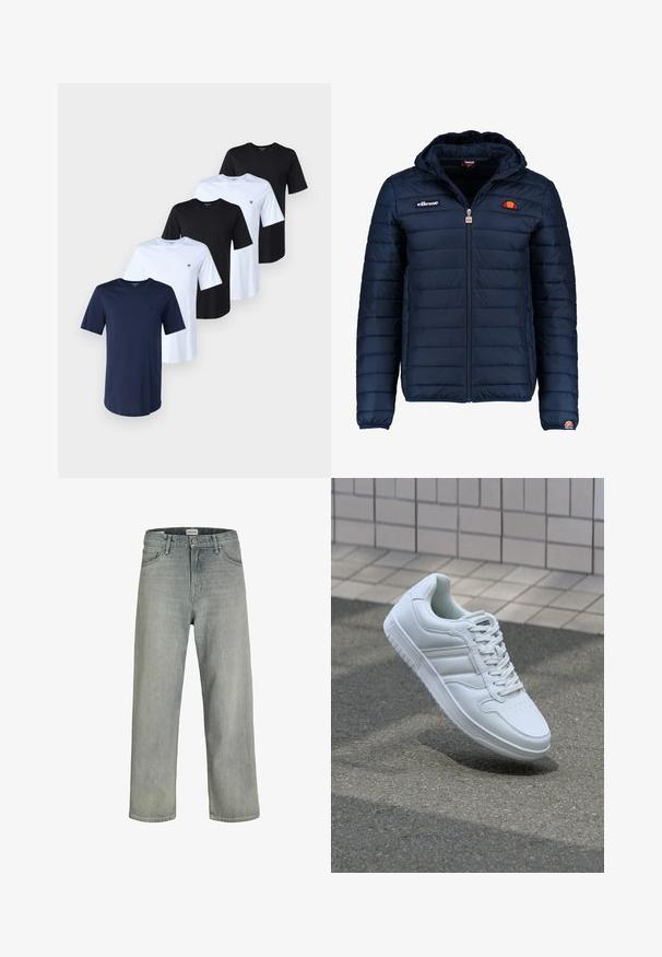 Mørkeblå puffjakke med hætte, lynlåslukning, kanalstyret syning og logo-detaljer på brystet og ærmet. Blødt, struktureret stof.; Fem T-shirts i marineblå, sort og hvid bomuld. Hver har en rund halsudskæring og korte ærmer. Et lille logo vises på venstre bryst på hver.; Lysegrå, løstsiddende jeans lavet af denim. Har et klassisk fem-lomme design, bæltestropper og en lige ben silhuet.; Hvide atletiske sneakers med glat læderoverdel, snørelukning foran, perforeret tå og mønstret sål. Minimalistisk design med tre sidelister.