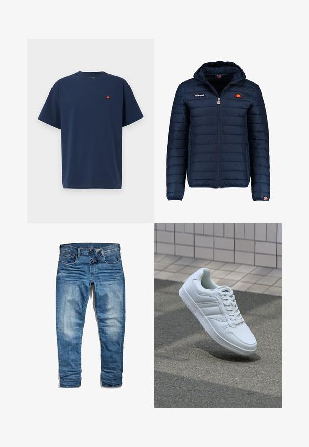 Ναυτικό μπλε ηλεκτρικό μπουφάν με κουκούλα, φερμουάρ, ραφές καναλιού και λογότυπα στο στήθος και το μανίκι. Μαλακό, υφασμάτινο υλικό.; Μπλε τζην βαμβακερό t-shirt με κοντά μανίκια, στρογγυλή λαιμόκοψη και ένα μικρό κεντημένο λογότυπο σε πορτοκαλί και κόκκινο χρώμα στο αριστερό στήθος.; Μπλε τζιν παντελόνι με στενή εφαρμογή, που διαθέτει κλείσιμο με κουμπί και φερμουάρ, πέντε τσέπες και διακριτική φθορά σε όλη την ύφανση.; Λευκό αθλητικό sneaker με λείο δερμάτινο άνω μέρος, κορδόνια μπροστά, τρυπητή μύτη και σχεδιασμένη σόλα. Μινιμαλιστικός σχεδιασμός με τρεις πλευρικές ρίγες.