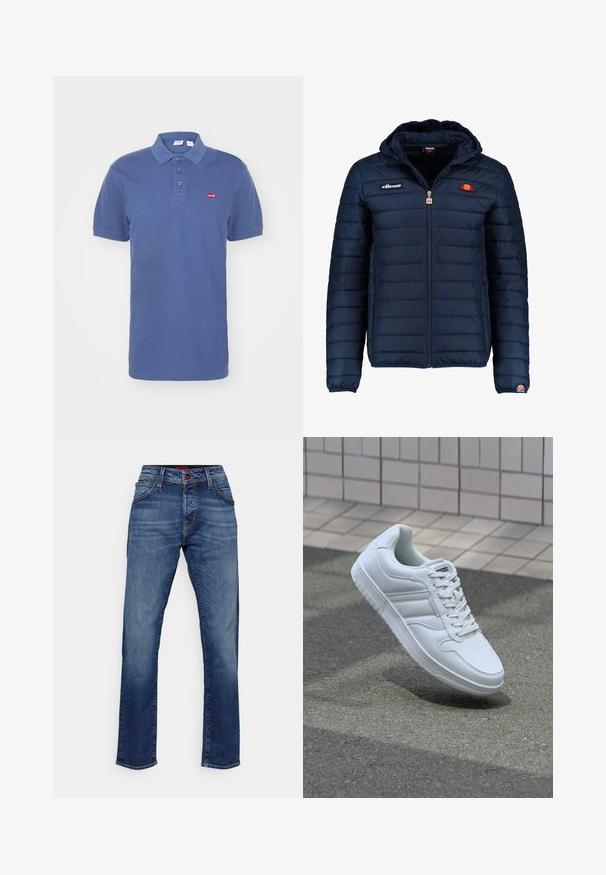 Tengerészkék puffos dzseki kapucnival, cipzáras záródással, csatorna varrással, és logóval díszített mellkassal és ujjakkal. Puha, texturált anyag.; Levi's® Pólóing - vintage indigo; Sötétkék farmernadrág egyenes szabásban, elöl cipzárral és gombbal záródik, öt zsebe van, és finom varrási részletekkel rendelkezik.; Fehér sportcipő sima bőr felsőrésszel, fűzős elülettel, perforált orral és mintázott talppal. Minimalista dizájn három oldalsávval.