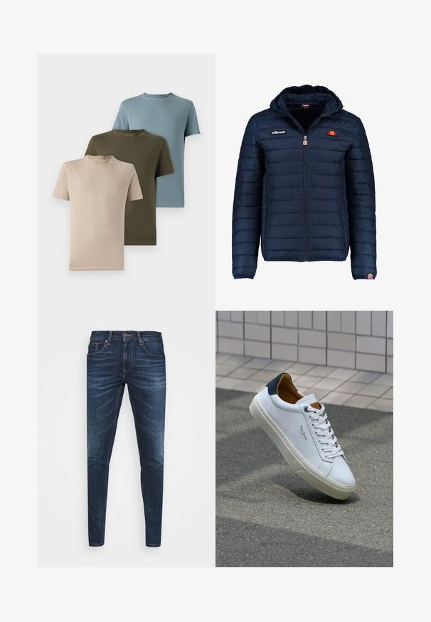 Tengerészkék puffos dzseki kapucnival, cipzáras záródással, csatorna varrással, és logóval díszített mellkassal és ujjakkal. Puha, texturált anyag.; Három rövid ujjú póló bézs, olíva zöld és világoskék színben, puha anyagból, kerek nyakkivágással és sima dizájnnal.; Sötétkék farmernadrág, testhezálló fazonnal, finom áttűnéssel, öt zsebbel és fémből készült gombzárral. Kontrasztos színű varrási díszítések.; Fehér bőr sneaker sötétkék sarkúval, kerek orral és kontrasztos barna részletekkel. Lapított fűzőkkel és textúrált gumitalppal rendelkezik.