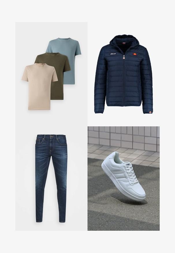 Casaco puffer azul marinho com capuz, fecho de correr, costura em canais e detalhes do logo no peito e na manga. Tecido macio e texturizado.; Três t-shirts de manga curta em bege, verde-oliva e azul claro, feitas de um tecido suave, com decote redondo e um design simples.; Jeans de ganga azul escura com um corte slim, desbotamento suave, cinco bolsos e fecho com botão de metal. Detalhes costurados em cor contrastante.; Sapatilha desportiva branca com parte superior em couro liso, frente com atacadores, bico perfurado e sola padronizada. Design minimalista com três riscas laterais.