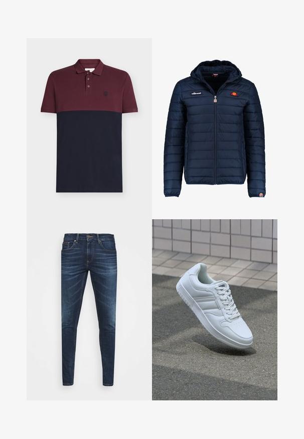 Navy blue puffer jacket with a hood, zip closure, channel stitching, and logo accents on the chest and sleeve. Soft, textured fabric.; Burgundy and navy color-blocked polo shirt in cotton material features a collar, three-button placket, and embroidered logo on the chest.; Dark blue denim jeans with a slim fit, subtle fade, five pockets, and a metal button closure. Stitched accents in contrasting color.; White athletic sneaker with smooth leather upper, lace-up front, perforated toe, and patterned sole. Minimalist design with three side stripes.