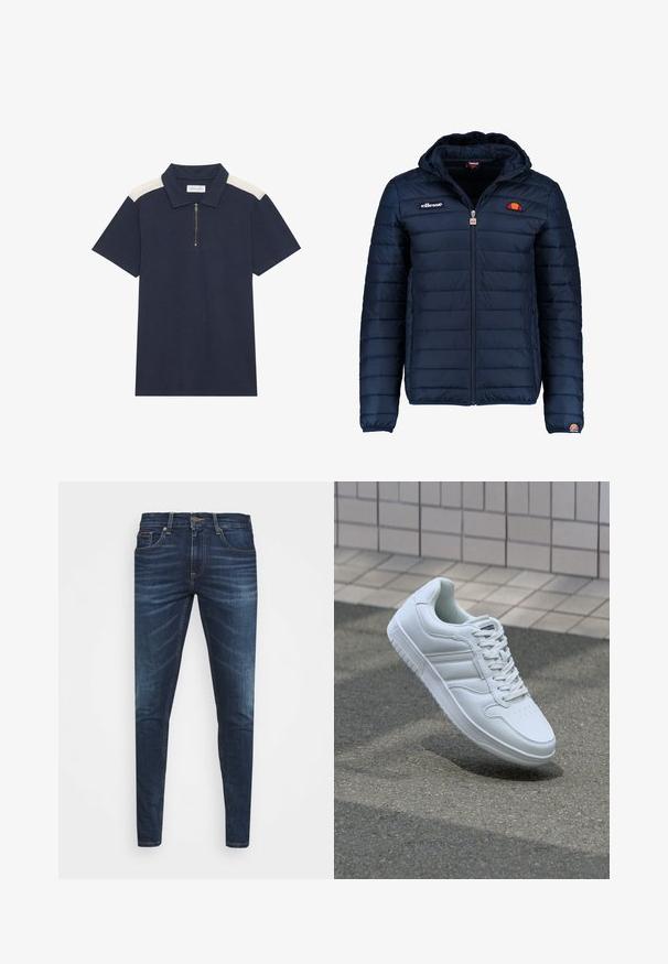Marineblauwe gewatteerde jas met een capuchon, ritsluiting, kanalenstiksel en logoaccenten op de borst en mouw. Zachte, gestructureerde stof.; Marineblauw polo-shirt met korte mouwen, voorzien van witte schouderpanelen en een kwart rits op een gemêleerde stof.; Donkerblauwe denim jeans met een slim fit, subtiele vervaging, vijf zakken en een metalen knoopsluiting. Gestikte accenten in contrasterende kleur.; Witte sportsneaker met een glad leren bovenwerk, vetersluiting aan de voorkant, geperforeerde neus en een geprofileerde zool. Minimalistisch ontwerp met drie zijstrepen.