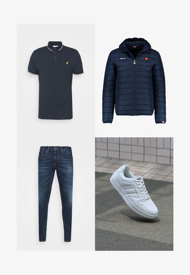 Námornícky modrá prešívaná bunda s kapucňou, zipsom, kanálovým prešívaním a logovými akcentmi na hrudi a rukáve. Mäkkučká, textúrovaná tkanina.; Námornícky polo tričko s malým bielym bodkovaným vzorom, krátke rukávy, biele akcenty na golieri a manžetách a žlté logo na hrudi.; Tmavomodré džíny s úzkym strihom, jemným opotrebovaním, piatimi vreckami a kovovým zapínaním. Šité akcenty v kontrastnej farbe.; Biele atletické tenisky s hladkým koženým zvrškom, šnurovaním vpredu, perforovanou špičkou a vzorovanou podrážkou. Minimalistický dizajn s tromi bočnými pruhmi.