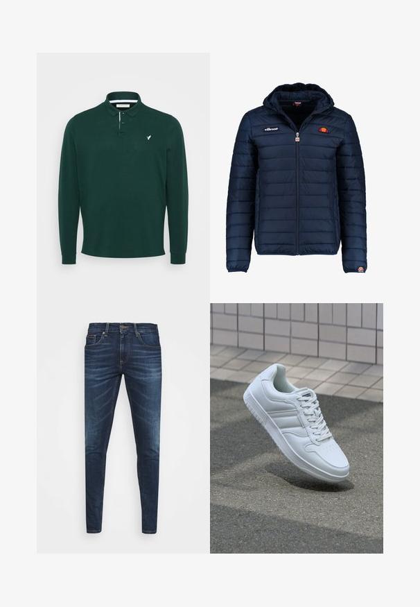 Marineblå puffjakke med hette, glidelås, kanalsøm og logoaksenter på brystet og ermet. Mykt, teksturert stoff.; Langermet polo skjorte i mørkegrønn bomull, med en hvit logo på brystet, to-knaps placket, og ribbestrikkede mansjetter.; Mørkeblå denimjeans med smal passform, subtil falming, fem lommer og metallknaplukking. Sømmer i kontrastfarge.; Hvit atletisk sneaker med glatt skinnoverside, snøring foran, perforert tå og mønstrets såle. Minimalistisk design med tre side-striper.