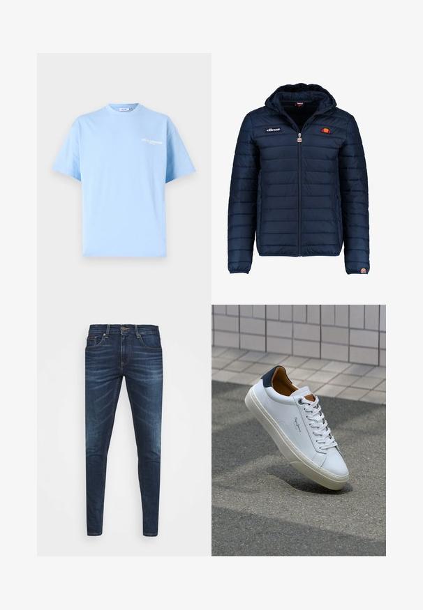 Tumedat sinised puffer jakk kapuutsiga, lukuga suletav, kanalite õmblustega ning logo aktsentidega rinnal ja varrukal. Pehme, tekstuuriga kangas.; Hea sinine puuvillane T-särk lühikeste sleeves'itega, ümmarguse kaelusega ning valge tekst "LES CLASSIQUES" trükitud ees. Sile tekstuur, mugav lõige.; Tumedat sinised teksad kitsas lõikes, kerge kulumisega, viie taskuga ja metallnööbiga sulgemine. Õmmeldud aktsendid kontrastsetes värvides.; Valge nahast tennis, millel on tumesinine konts, ümmargune nina ja kontrastsed pruuni aktsendid. Omab lamepaelti ja tekstureeritud kummist tallat.