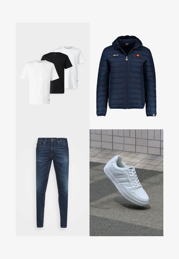 Marineblauwe gewatteerde jas met een capuchon, ritsluiting, kanalenstiksel en logoaccenten op de borst en mouw. Zachte, gestructureerde stof.; Drie T-shirts in wit, zwart en wit, met korte mouwen, een ronde hals en gemaakt van zachte, ademende katoenen stof.; Donkerblauwe denim jeans met een slim fit, subtiele vervaging, vijf zakken en een metalen knoopsluiting. Gestikte accenten in contrasterende kleur.; Witte sportsneaker met een glad leren bovenwerk, vetersluiting aan de voorkant, geperforeerde neus en een geprofileerde zool. Minimalistisch ontwerp met drie zijstrepen.