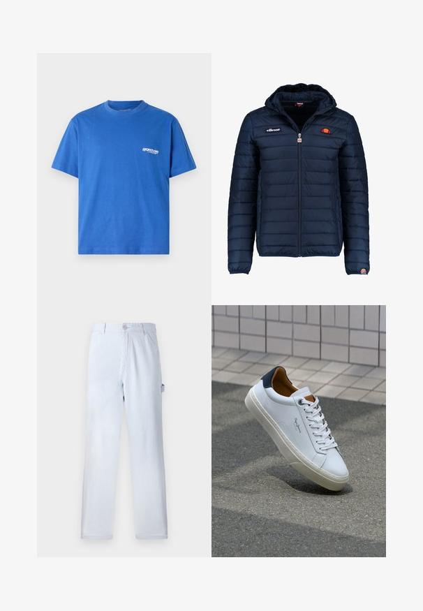 Námornícky modrá prešívaná bunda s kapucňou, zipsom, kanálovým prešívaním a logovými akcentmi na hrudi a rukáve. Mäkkučká, textúrovaná tkanina.; Modrá bavlnená tričko s krátkymi rukávmi, okrúhlym výstrihom a malým bielym logom na ľavej hrudi. Hladký povrch, štandardný strih.; Svetlomodré pruhované nohavice vyrobené z bavlny. Rovno strihaný dizajn, s predným gombíkovým zapínaním a bočnými vreckami. Mäkčká textúra.; Biele kožené tenisky s námorníckym opätkom, okrúhlou špičkou a kontrastnými hnedými akcentami. Majú ploché šnúrky a textúrovanú gumovú podrážku.