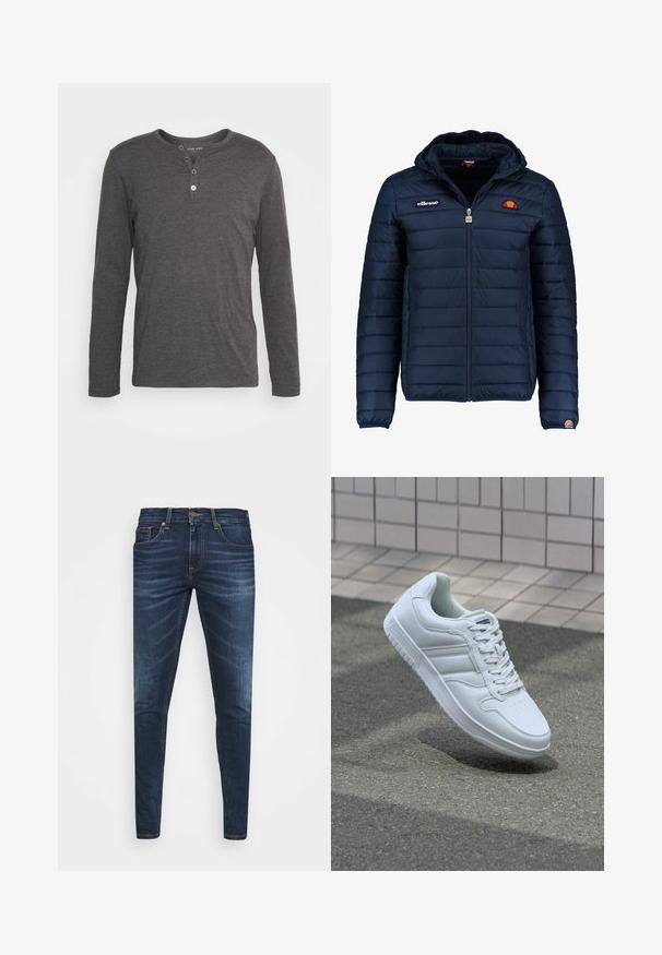 Jachetă puffer de culoare bleumarin, cu glugă, închidere cu fermoar, cusături în canale și detalii cu logo pe piept și pe mânecă. Material moale, texturat.; Cămașă henley cu mânecă lungă, de culoare gri închis, confecționată dintr-un material moale, având un guler rotund, placket cu trei butoane și o croială normală.; Jeans din denim de culoare albastră închisă, cu o croială slim, ușor decolorate, cinci buzunare și închidere cu buton metalic. Detalii cusute în culori contrastante.; Adidași albi pentru sport cu superior din piele netedă, sistem de șireturi în față, vârf perforat și talpă cu model. Design minimalist cu trei dungi laterale.