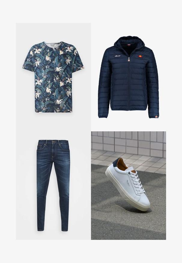 Mornaricnoplava pufasta jakna s kapuljačom, zatvaranje na zip, kanalno šivanje i akcenti s logom na prsima i rukavu. Mekani, teksturirani materijal.; Majica kratkih rukava u mornarsko plavoj boji s tropskim cvjetnim i listovitim uzorkom u zelenim i bijelim nijansama, izrađena od mekog materijala s okruglim izrezom.; Tamno plave traperice uskog kroja, s blagim izbljeđivanjem, pet džepova i metalnim zatvaranjem na dugme. Šivani detalji u kontrastnoj boji.; Bijela kožna tenisica s mornarskom petom, okruglim vrhom i kontrastnim smešnim akcentima. Sadrži ravne vezice i teksturiranu gumenu potplat.