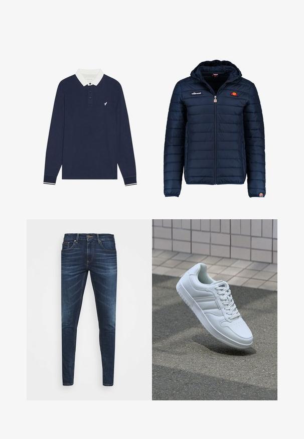 Marineblauwe gewatteerde jas met een capuchon, ritsluiting, kanalenstiksel en logoaccenten op de borst en mouw. Zachte, gestructureerde stof.; Marineblauwe polo met lange mouwen en een witte kraag, drie knopen bij de sluiting en een geborduurd logo. Voorzien van gestreepte manchetten in wit en marineblauw.; Donkerblauwe denim jeans met een slim fit, subtiele vervaging, vijf zakken en een metalen knoopsluiting. Gestikte accenten in contrasterende kleur.; Witte sportsneaker met een glad leren bovenwerk, vetersluiting aan de voorkant, geperforeerde neus en een geprofileerde zool. Minimalistisch ontwerp met drie zijstrepen.