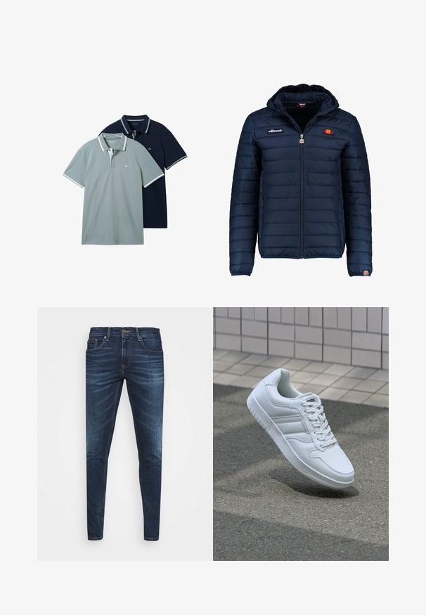 Marineblå puffjakke med hette, glidelås, kanalsøm og logoaksenter på brystet og ermet. Mykt, teksturert stoff.; To polo skjorter: en lys grå og en marineblå. Begge har kontrasterende hvit trim på kragen og ermene, med en subtil tekstur.; Mørkeblå denimjeans med smal passform, subtil falming, fem lommer og metallknaplukking. Sømmer i kontrastfarge.; Hvit atletisk sneaker med glatt skinnoverside, snøring foran, perforert tå og mønstrets såle. Minimalistisk design med tre side-striper.