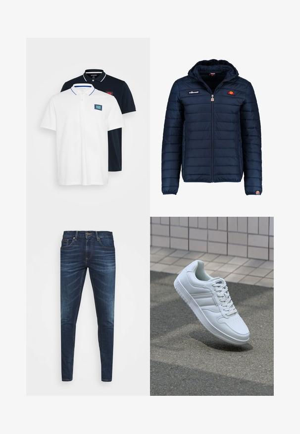 Granatowa kurtka puchowa z kapturem, zapinana na zamek, z przeszyciami w kształcie kanałów oraz akcentami loga na piersi i rękawie. Miękka, teksturowana tkanina.; Dwie koszulki polo ułożone jedna na drugiej: jedna biała z niebieskimi akcentami, z naszywką loga; druga czarna z białym kołnierzykiem, z czerwoną naszywką loga. Obie z bawełnianego materiału.; Granatowe dżinsy o slim fit, delikatnym wyblaknięciu, pięciu kieszeniach i metalowym zapięciem. Haftowane akcenty w kontrastowym kolorze.; Białe sportowe trampki z gładkiej skóry, z zapięciem na sznurowadła, perforowanym noskiem i wzorzystą podeszwą. Minimalistyczny design z trzema paskami po bokach.