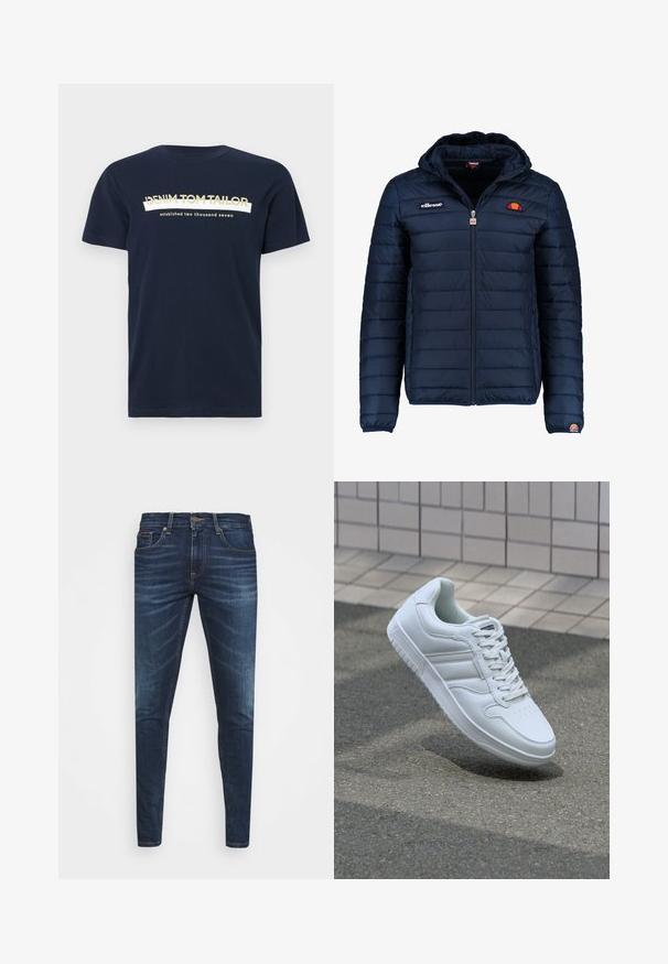 Casaco puffer azul marinho com capuz, fecho de correr, costura em canais e detalhes do logo no peito e na manga. Tecido macio e texturizado.; T-shirt de algodão azul-marinho com mangas curtas e decote redondo. Apresenta texto branco e dourado: "DENIM TOM TAILOR" e "fundado em dois mil e sete."; Jeans de ganga azul escura com um corte slim, desbotamento suave, cinco bolsos e fecho com botão de metal. Detalhes costurados em cor contrastante.; Sapatilha desportiva branca com parte superior em couro liso, frente com atacadores, bico perfurado e sola padronizada. Design minimalista com três riscas laterais.