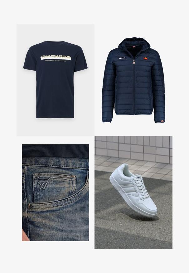 Tummansininen puhvitakki, jossa on huppu, vetoketjukiinnitys, kanavapistoilu ja logoteemaiset yksityiskohdat rinnassa ja hihassa. Pehmeä, teksturoitu kangas.; Tummansininen puuvillapaita lyhyillä hihoilla ja pyöreällä kaula-aukolla. Paidassa on valkoista ja kultaa teksti: "DENIM TOM TAILOR" ja "perustettu kaksituhatt seitsemän."; Siniset farkut, joissa haalistunut pinta, valuuttatasku ja musta logokoriste edessä. Vyötärönauha on tummansinistä ribbineulosta kangasta.; Valkoiset urheilukengät, joissa on sileä nahkapinta, nauhakiinnitys edessä, rei'itetty kärki ja kuvioitu pohja. Minimalistinen muotoilu, jossa on kolme sivuraitaa.