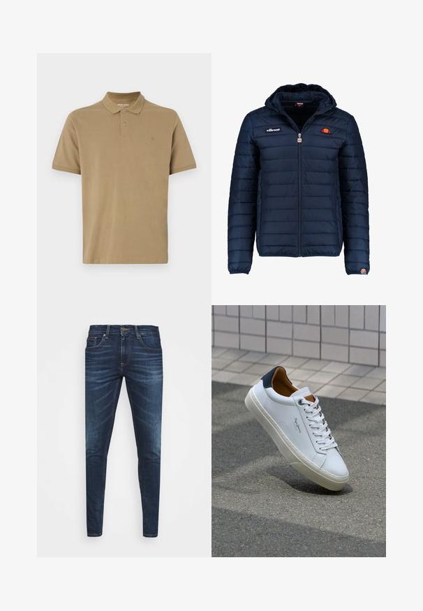 Granatowa kurtka puchowa z kapturem, zapinana na zamek, z przeszyciami w kształcie kanałów oraz akcentami loga na piersi i rękawie. Miękka, teksturowana tkanina.; Khaki koszulka polo wykonana z bawełny, z kołnierzykiem, zapięciem na dwa guziki, krótkimi rękawami i małym logo na klatce piersiowej. Gładka faktura.; Granatowe dżinsy o slim fit, delikatnym wyblaknięciu, pięciu kieszeniach i metalowym zapięciem. Haftowane akcenty w kontrastowym kolorze.; Białe skórzane trampki z granatowym piętkiem, okrągłym noskiem i kontrastowymi brązowymi akcentami. Posiadają płaskie sznurówki i teksturowaną gumową podeszwę.