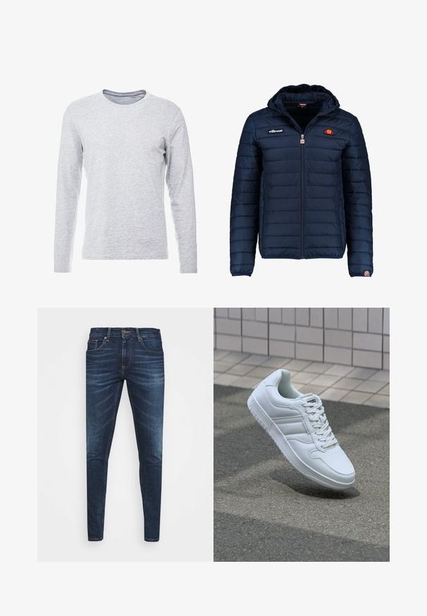 Dunkelblaue Daunenjacke mit Kapuze, Reißverschluss, Kastensteppnähten und Logo-Akzenten auf der Brust und dem Ärmel. Weicher, strukturierter Stoff.; Langärmliges graues T-Shirt aus einem sanften, leichten Stoff mit klassischem Rundhalsausschnitt und schlichter, unauffälliger Gestaltung.; Dunkelblaue Jeans im Slim Fit mit subtiler Verwaschung, fünf Taschen und einem Metallknopfverschluss. Genähte Akzente in kontrastierender Farbe.; Weiße sportliche Sneaker mit Obermaterial aus glattem Leder, Schnürfront, durchlöchtem Zehenbereich und gemusterter Sohle. Minimalistisches Design mit drei Seitenstreifen.